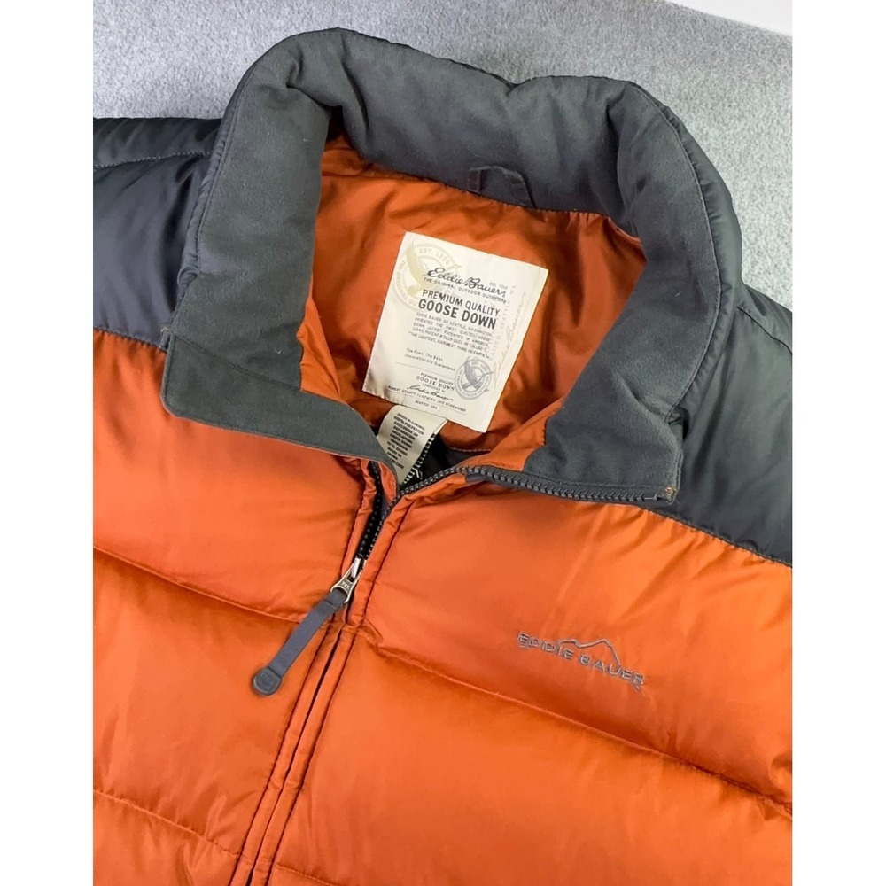 Eddie Bauer Premium Goose Down Puffer Vest Mens XXL Orange Grey Full Zip Quilted